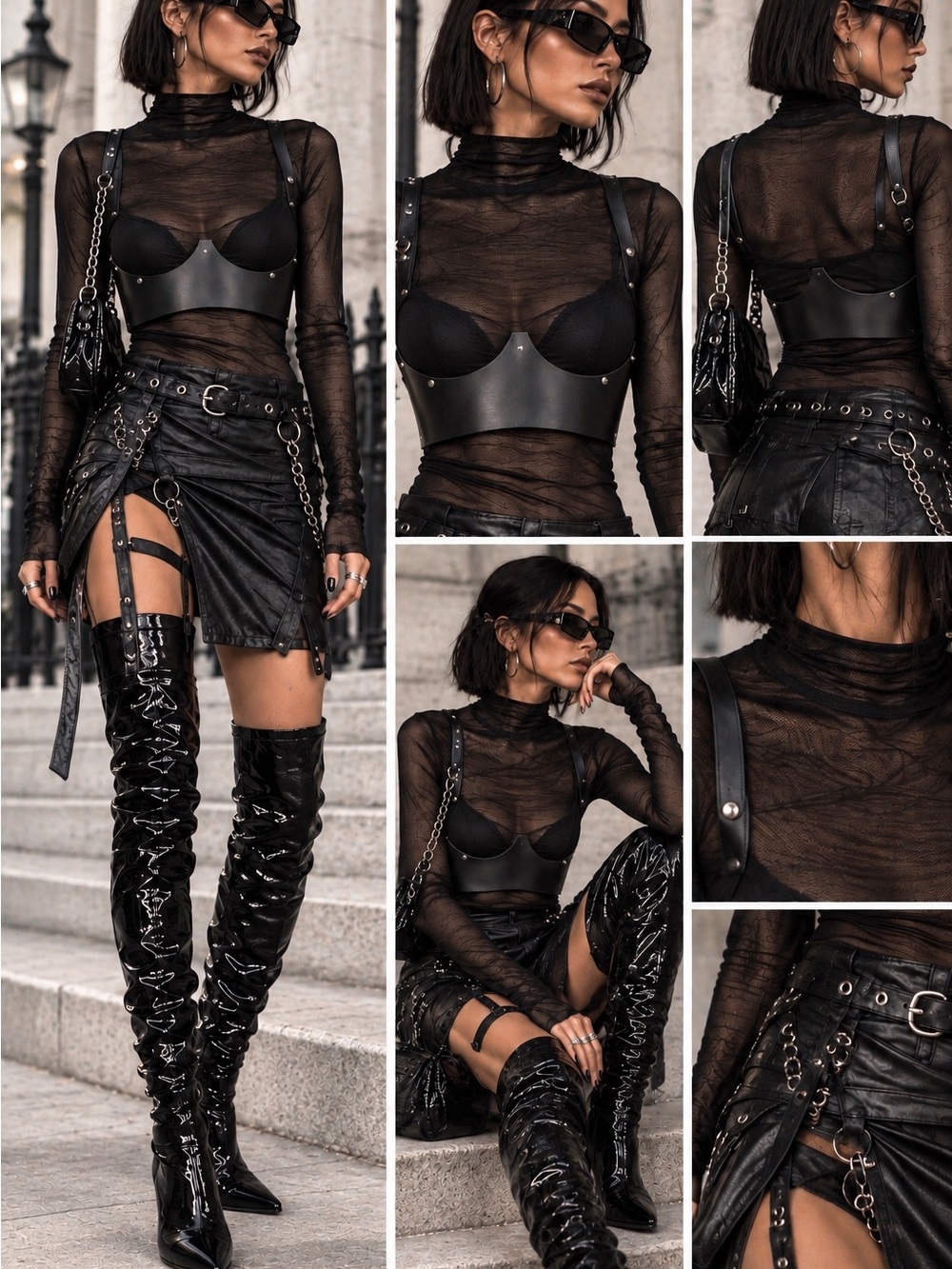 2pc Black Sheer Mesh Mock Neck Long-Sleeve Top with Under Bust Harness